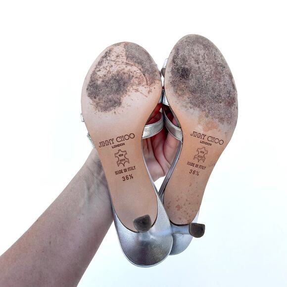 Vintage Y2K Jimmy Choo Strappy Kitten Heels Silver Metallic Low Pumps 6.5 Mules - Picture 5 of 8